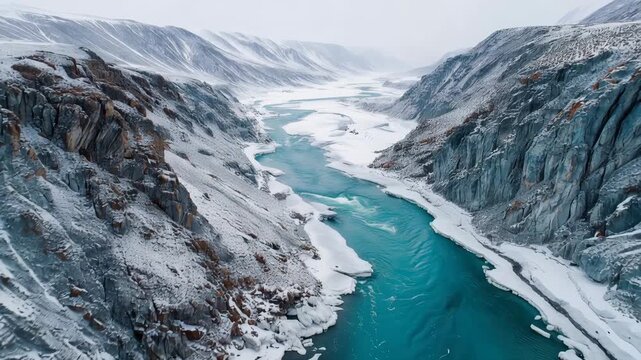 Dramatic Aerial Landscape of Snow Covered Canyon