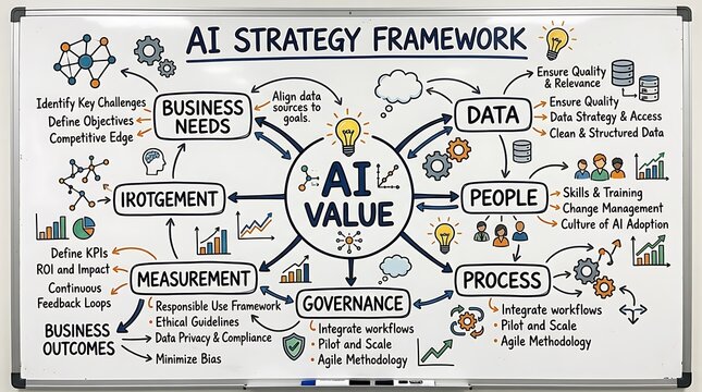 Comprehensive AI strategy framework diagram drawn on a whiteboard for business planning and digital transformation.