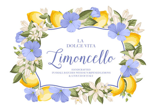 Frame of lemons, blue flax flowers, citrus blossoms and green leaves