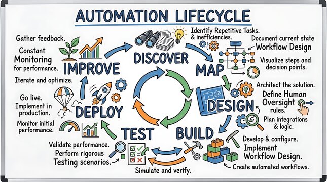 A whiteboard diagram illustrating the complete lifecycle of business process automation.