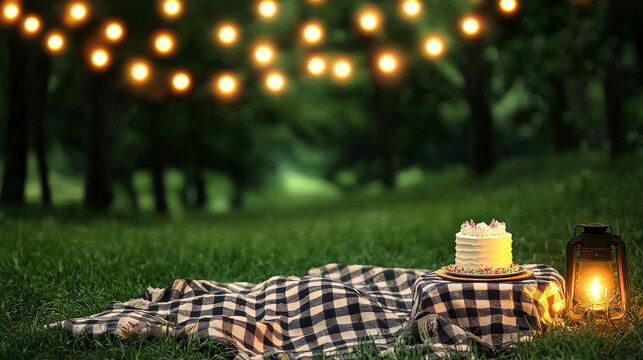 Picnic cake lantern blanket outdoor grass evening lights celebration nature&mdash;A cozy outdoor picnic scene with checkered blanket round table cake lantern and glowing string lights green park