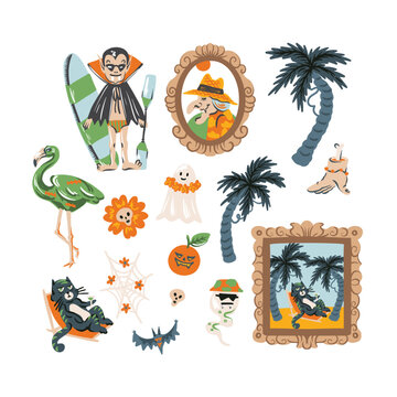 Halloween Tropical Isolated Elements with Surfing Vampire Ghosts Palm Trees and Spooky Clipart