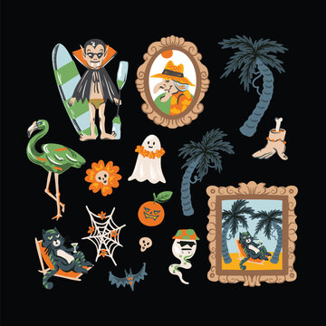 Halloween Tropical Isolated Elements with Surfing Vampire Ghosts Palm Trees and Spooky Clipart