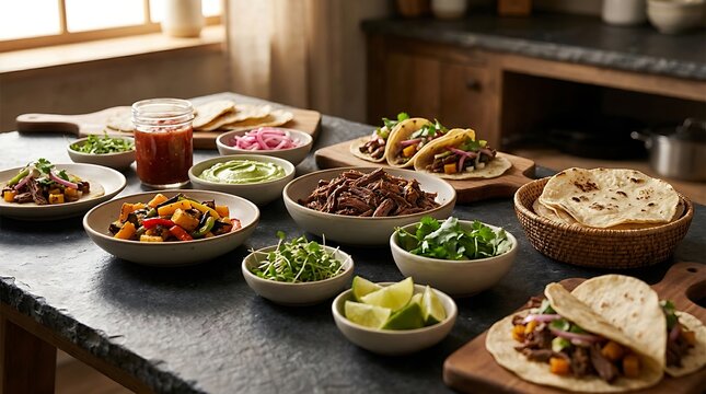 Mexican food dinner table with tacos and various bowls of fresh ingredients in a home kitchen. customizable taco bar