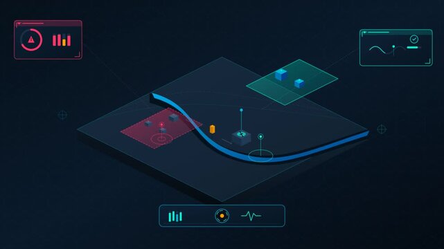 Futuristic digital data dashboard animation with isometric glowing graphs and interface elements