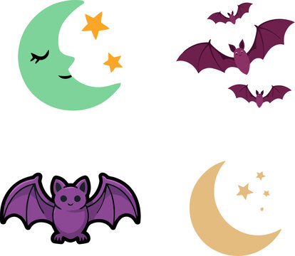 Set of cute cartoon bats and sleeping moon with stars for halloween night theme designs