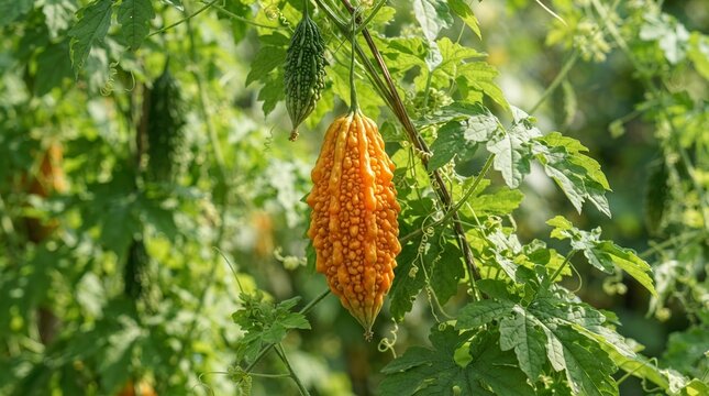 Ripe orange bitter melon fruit hanging on a leafy vine outdoors with ripe gourd vine plant tropical fruit mature melon agriculture