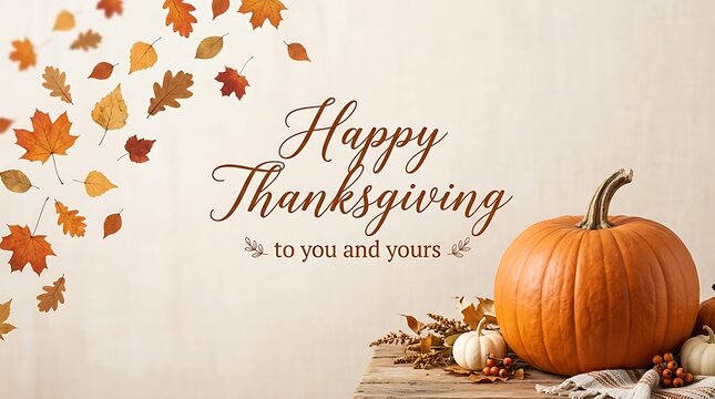 Festive thanksgiving still life with pumpkin and autumn leaves background