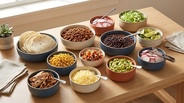 Mexican taco bar with bowls of meat beans vegetables and tortillas on a wooden table. customizable taco bar
