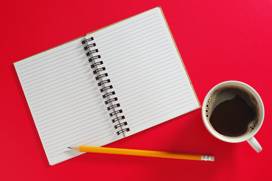 Coffee, Notebook and Pencil Flat lay