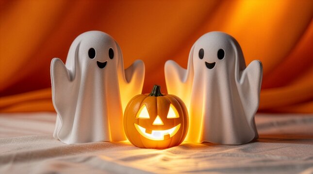 Two cute smiling white ghost figures illuminated by a glowing carved jack-o-lantern pumpkin on a table, creating a cozy and festive Halloween decoration with an orange backdrop.