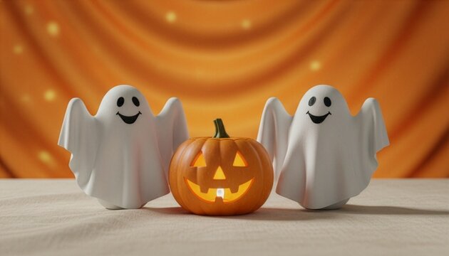 A festive Halloween decoration featuring a glowing carved jack-o-lantern pumpkin placed between two cute smiling white ghost figures on a table with a warm orange background.