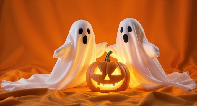 Two spooky white ghost figures made of cloth standing behind a glowing carved jack-o-lantern pumpkin, creating a festive Halloween setup with a bright orange draped background.