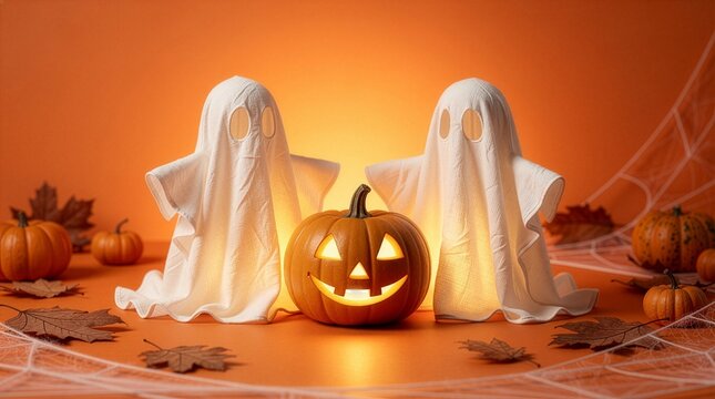 A festive Halloween still life featuring a glowing carved jack-o-lantern pumpkin between two white fabric ghost figures, surrounded by autumn leaves and spider webs on orange.