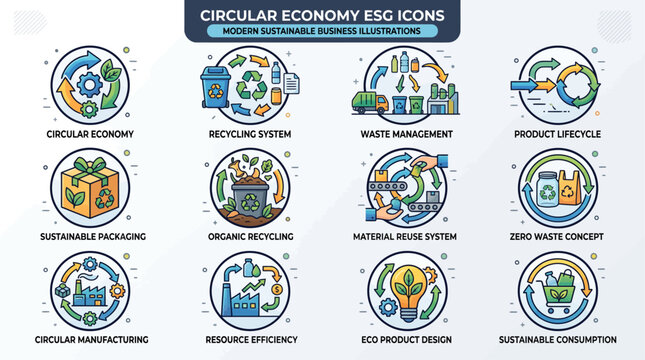 12 vector icons, sustainable business illustration sheet