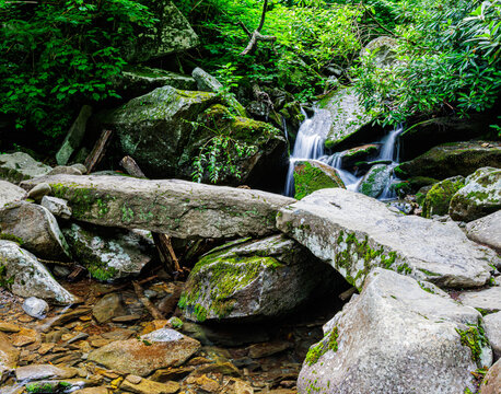 Stone Hikers Bridge Over Le Conte Creek Along The Rainbow Falls Trail, Great Smoky Mountains National Park, Tennessee, USA