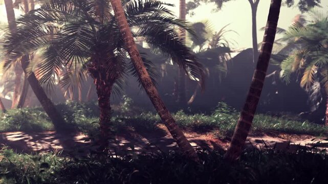 Tall palm trees are scattered in a tropical setting with green grass below. Sunlight shines through the leaves, creating shadows on the ground. The scene shows the beauty of nature.
