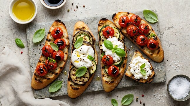 Fresh italian bruschetta with roasted tomatoes mozzarella cheese and basil on a stone serving board. grilled appetizer visuals