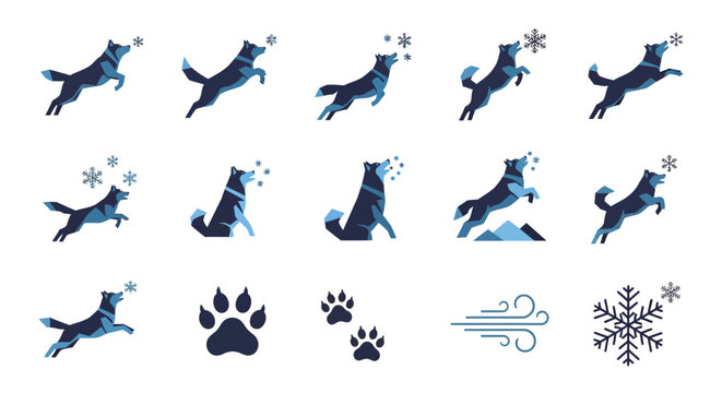 Collection of stylized husky dogs in various dynamic poses with winter elements.