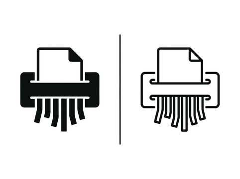 Paper shredder machine outline and black fill icon set with shredder document confidential
