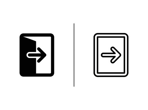 Minimalist door exit outline and black fill icon set with direction movement template isolated
