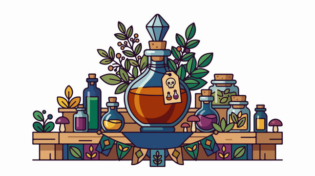Colorful Potion Bottles and Herbs Illustration