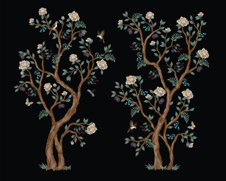 Chinoiserie Peacock Mural with Elegant Birds Floral Trees Vintage Wallpaper Landscape Design Illustration