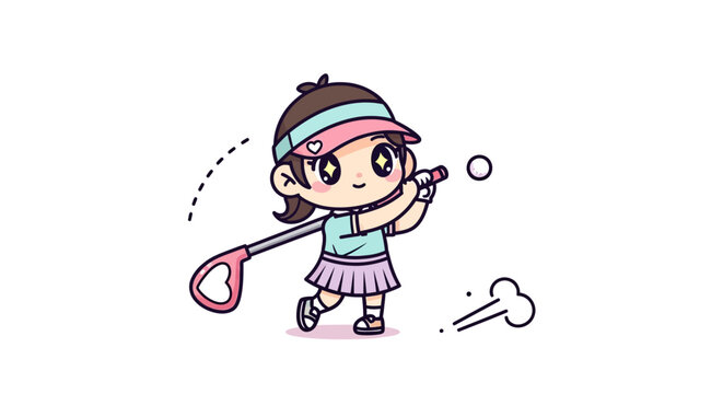 Cute Girl Playing Golf Cartoon Character