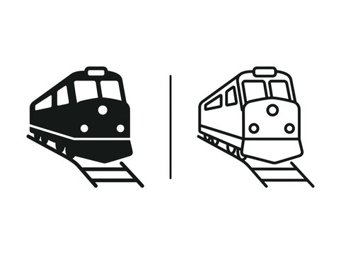 Train locomotive railway outline and black fill icon set with locomotive transport silhouette