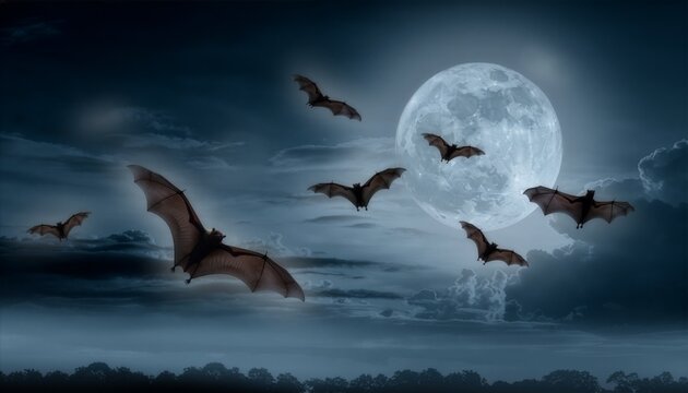  flock of bats flying across a dark night sky with a large full moon and dramatic clouds, creating a spooky and mysterious atmosphere perfect for Halloween themed designs