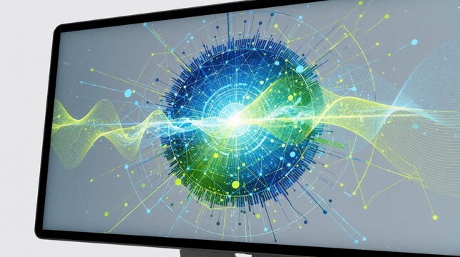 Digital screen shows glowing abstract network connecting dots and lines. Futuristic data visualization with blue and green waves flows across the monitor. Complex geometric pattern creates energy.