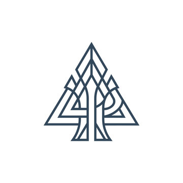 Abstract blue geometric line art arrow tree symbol.