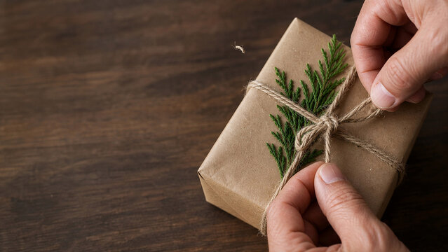 Hands Tying Jute Twine on Kraft Paper Gift Box - Sustainable Holiday Wrapping Macro - E-Commerce Retail Banner - Soft Natural Window Light