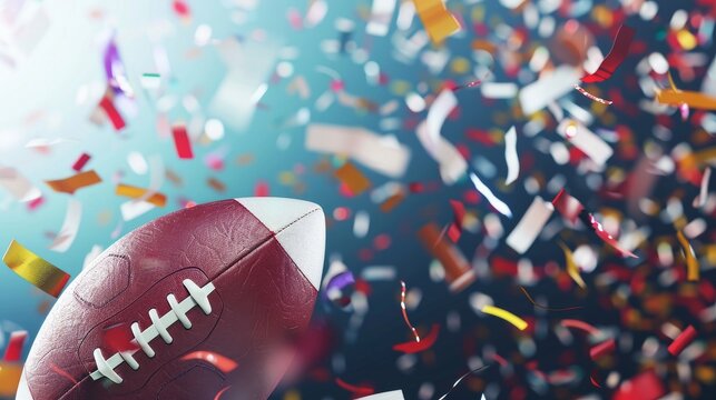 Excitement and celebration surround a football in a vibrant atmosphere filled with colorful confetti