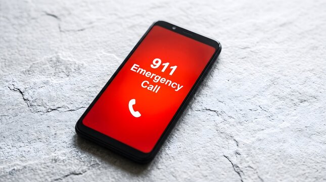 A black smartphone displaying a bright red emergency call screen with the number nine one one on a textured light grey stone