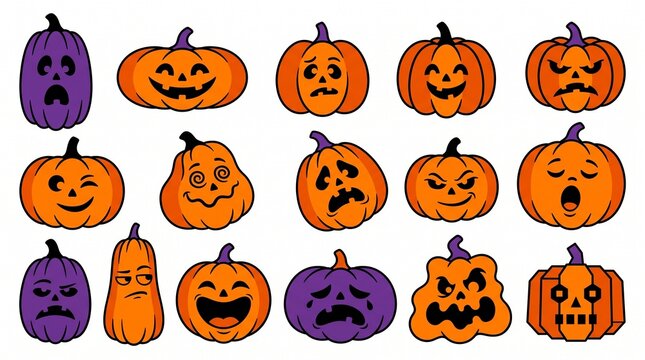 Set of cute and spooky halloween pumpkin icons with various funny faces isolated on a white background