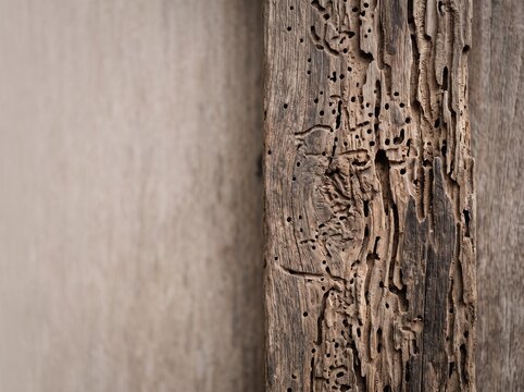 Professional minimalist background featuring realistic termite-damaged weathered wood texture on the right with a large, clean empty copy space on the left. Soft diffused lighting, premium modern aest