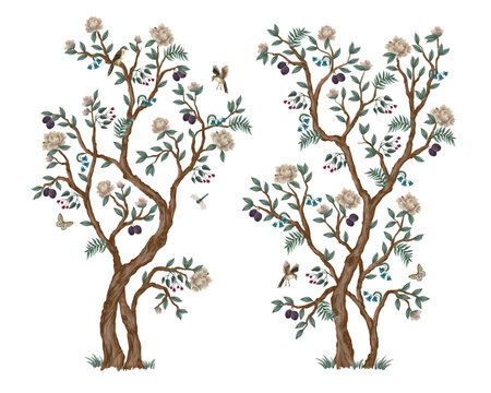 Chinoiserie Peacock Mural with Elegant Birds Floral Trees Vintage Wallpaper Landscape Design Illustration