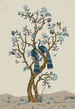 Chinoiserie Peacock Mural with Elegant Birds Floral Trees Vintage Wallpaper Landscape Design Illustration
