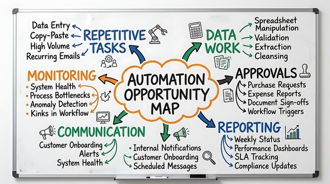 A whiteboard featuring a detailed mind map illustrating various business process automation opportunities and workflows.