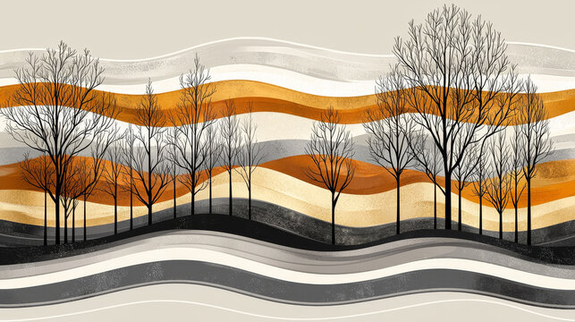 Geometric landscape with sun hills minimal tree abstract autumn orange brown gray silhouette nature. Modern abstract landscape with wavy hills bare trees and warm autumn colors creates calm serene