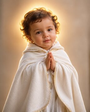 Peaceful Portrait of Baby Jesus Wearing a Soft White Cape