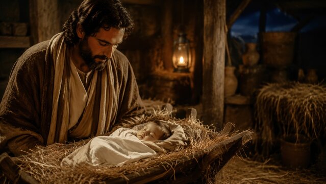 Joseph Watching Over Baby Jesus Sleeping in a Manger