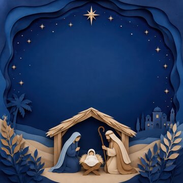Paper Cut Nativity with Baby Jesus and Christmas Copy Space