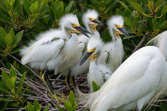 Young snowy egret chicks in nest demand food from white adult bird. Group of fluffy white owlets stay in tree branch habitat. Nature wildlife scene shows avian family life, bird parenting in Florida