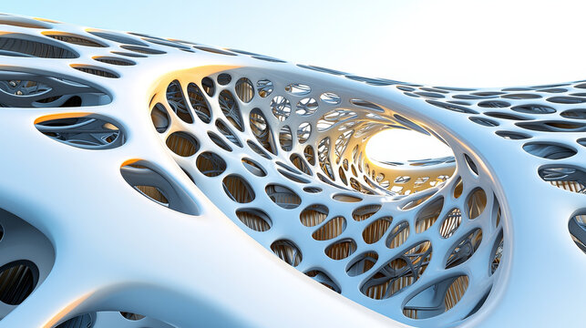 Futuristic geometric mesh pattern with smooth white surface, abstract architecture, organic structure, modern design, dynamic curves, and sunlight reflection create captivating visual