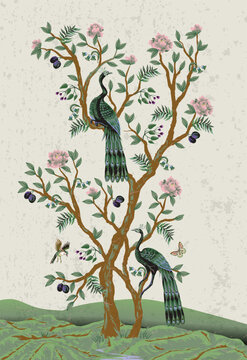 Chinoiserie Peacock Mural with Elegant Birds Floral Trees Vintage Wallpaper Landscape Design Illustration