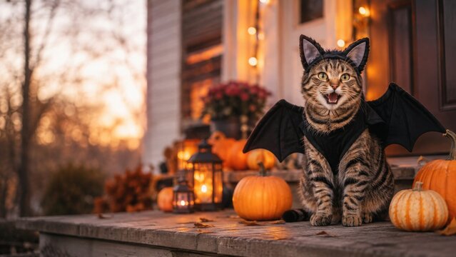 Tabby Cat Wearing Bat Wings on Pumpkin Decorated Halloween Porch