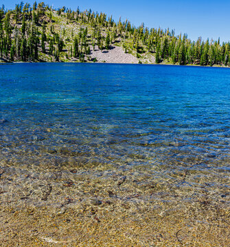 The Beautiful Turquoise Waters of Shadow Lake on The Terrace, Shadow and Cliff Lakes Trail, Lassen Volcanic National Park, California, USA