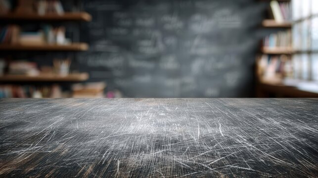 Empty Scratched Wooden Table Top with Blurred Classroom Blackboard Background